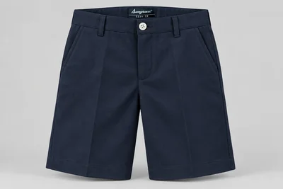School Shorts — Navy flat front. front product photograph. Illustrative catalogue concept.