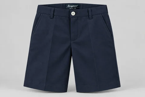 School Shorts — Navy flat front. front product photograph. Illustrative catalogue concept.