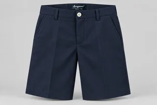 School Shorts — Navy flat front. front product photograph. Illustrative catalogue concept.