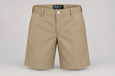 School Shorts — Khaki tailored. front product photograph. Illustrative catalogue concept.