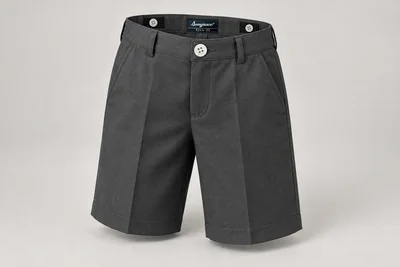 School Shorts — Charcoal adjustable waist. front three-quarter product photograph. Illustrative catalogue concept.