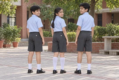 School Shorts — Charcoal adjustable waist; two boys and one girl. full-length rear three-quarter group location photograph. Illustrative catalogue concept.