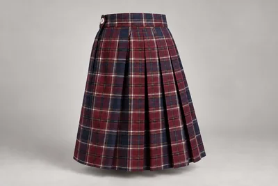 School Skirts — Burgundy tartan. rear three-quarter product photograph. Illustrative catalogue concept.