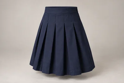 School Skirts — Navy stitch-down pleat. front three-quarter product photograph. Illustrative catalogue concept.