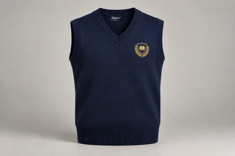 Sleeveless School Sweaters — Navy V-neck. product. Illustrative catalogue concept.