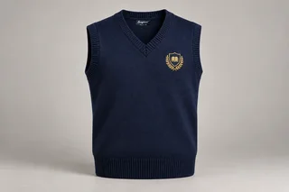 Sleeveless School Sweaters — Navy V-neck. product. Illustrative catalogue concept.