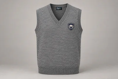 Sleeveless School Sweaters — Grey V-neck. product. Illustrative catalogue concept.