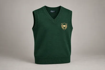Sleeveless School Sweaters — Bottle green V-neck. product. Illustrative catalogue concept.