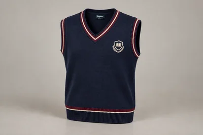 Sleeveless School Sweaters — Navy with contrast rib. product. Illustrative catalogue concept.