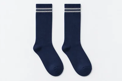School Socks — navy knee-high socks with thin grey cuff bands. product. Illustrative catalogue concept.