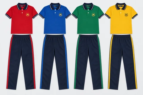 Summer School Tracksuits — Solid house-colour polo, navy collar and cuffs with fine white tipping. Navy straight trousers with one broad house-colour outer-leg stripe. Four house-colour options shown: Scarlet red, Royal blue, Emerald green, Golden yellow. Custom shades confirmed at sampling.. product front overhead four house-colour sets. Illustrative catalogue concept.