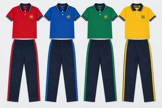 Summer School Tracksuits — Solid house-colour polo, navy collar and cuffs with fine white tipping. Navy straight trousers with one broad house-colour outer-leg stripe. Four house-colour options shown: Scarlet red, Royal blue, Emerald green, Golden yellow. Custom shades confirmed at sampling.. product front overhead four house-colour sets. Illustrative catalogue concept.