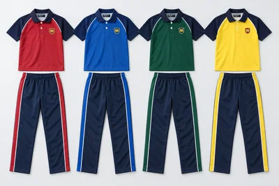 Summer School Tracksuits — House-colour polo torso with navy raglan sleeves and navy collar. Slim white piping follows the raglan seams. Navy trousers with a wide house-colour stripe bordered by white piping. Four house-colour options shown: Crimson red, Cobalt blue, Bottle green, Lemon yellow. Custom shades confirmed at sampling.. product front overhead four house-colour sets. Illustrative catalogue concept.
