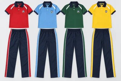 Summer School Tracksuits — House-colour polo with a slim diagonal WHITE inset across each front shoulder ending at armhole, navy collar and cuffs. Navy trousers with a broad matching house-colour outer stripe and slim white inner edge. Four house-colour options shown: Crimson red, Sky blue, Bottle green, Sunflower yellow. Custom shades confirmed at sampling.. product front overhead four house-colour sets. Illustrative catalogue concept.