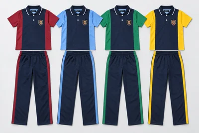 Summer School Tracksuits — Navy central polo torso with broad house-colour vertical side panels, house-colour sleeves and navy collar tipped white. Navy trousers with a broad house-colour stripe on both outside leg seams. Four house-colour options shown: Burgundy red, Sky blue, Emerald green, Sunflower yellow. Custom shades confirmed at sampling.. product front overhead four house-colour sets. Illustrative catalogue concept.