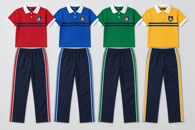 Summer School Tracksuits — Solid house-colour polo with white rib collar and sleeve cuffs, two slim navy horizontal chest stripes under the crest, 2-button placket. Navy trousers with one house-colour stripe bordered by thin white stripes. Four house-colour options shown: Ruby red, Cobalt blue, Kelly green, Mustard gold. Custom shades confirmed at sampling.. product front overhead four house-colour sets. Illustrative catalogue concept.