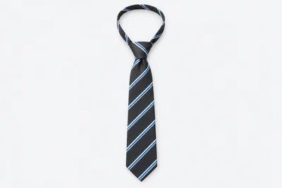 School Ties — charcoal slim tie with sky-blue and white narrow diagonal stripes. product. Illustrative catalogue concept.