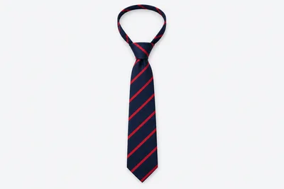 School Ties — navy pre-tied tie with narrow red diagonal stripes. product. Illustrative catalogue concept.