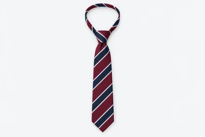 School Ties — burgundy tie with wide navy diagonal regimental stripes edged in white. product. Illustrative catalogue concept.