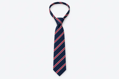 School Ties — navy pre-tied tie with narrow red stripes edged in white. product. Illustrative catalogue concept.