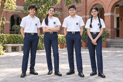 School Trousers — Navy trousers coordinated with white school shirts. campus group. Illustrative catalogue concept.