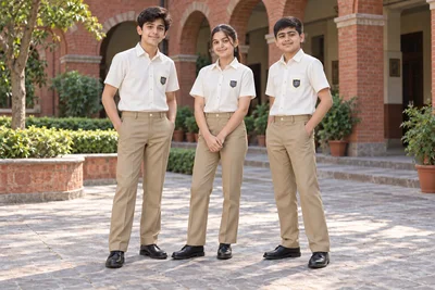 School Trousers — Khaki trousers with cream school shirts. campus group. Illustrative catalogue concept.