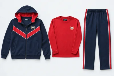 Winter School Tracksuits — Three-Piece Sets — navy hooded zip upper with red shallow V chest chevron bordered with white piping and red hood lining; navy lowers with red outer-leg stripes bordered white; red full-sleeve round-neck T-shirt. Custom house-colour options: red, royal blue, green and yellow.. product. Illustrative catalogue concept.