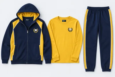 Winter School Tracksuits — Three-Piece Sets — navy hooded zip upper with yellow gold angled shoulder yoke and side panels, navy hood with gold lining; navy cuffed lowers with yellow gold side panels edged with thin white piping; yellow gold full-sleeve round-neck T-shirt. Custom house-colour options: red, royal blue, green and yellow.. product. Illustrative catalogue concept.