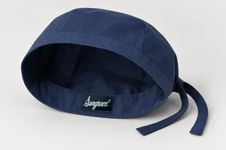 Scrub Caps — Navy low-profile woven scrub cap with two neat back ties. product rear three-quarter. Illustrative catalogue concept.