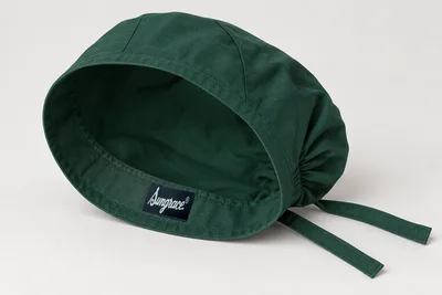 Scrub Caps — Forest-green scrub cap with roomy enclosed rear hair pouch and short ties. product rear three-quarter. Illustrative catalogue concept.