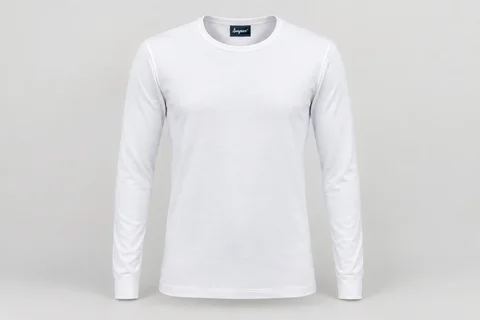 Underscrub Tops — Unisex white fitted crew-neck long-sleeve cotton-knit underscrub top with clean cuffs. product front. Illustrative catalogue concept.