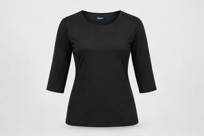 Underscrub Tops — Women’s black three-quarter-sleeve crew-neck underscrub top. product front. Illustrative catalogue concept.