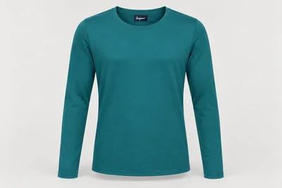 Underscrub Tops — Unisex teal long-sleeve round-neck underscrub top with neat coverstitched hems. product front. Illustrative catalogue concept.