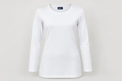 Underscrub Tops — Women’s white longline long-sleeve crew-neck underscrub top with smooth straight hem. product front. Illustrative catalogue concept.