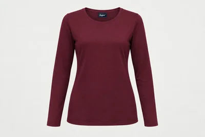 Underscrub Tops — Women’s wine long-sleeve modest round-neck jersey underscrub top. product front. Illustrative catalogue concept.