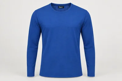 Underscrub Tops — Men’s royal-blue long-sleeve jersey crew-neck underscrub top. product front. Illustrative catalogue concept.