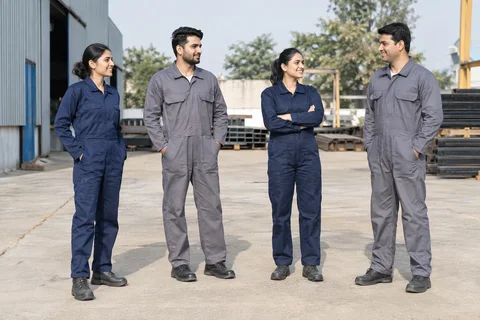 Catalogue design concept: The Everyday Coverall. Navy and grey full-length workwear. North Indian models in an Indian setting.