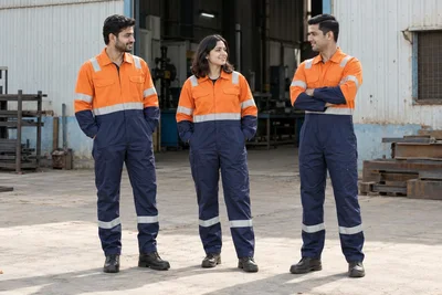 Catalogue design concept: Visible Details. Orange and navy coveralls with reflective accents. North Indian models in an Indian setting.