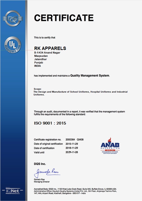 India`s Largest Uniforms Manufacturer | Sungrace Uniforms iso-certificate Certifications  
